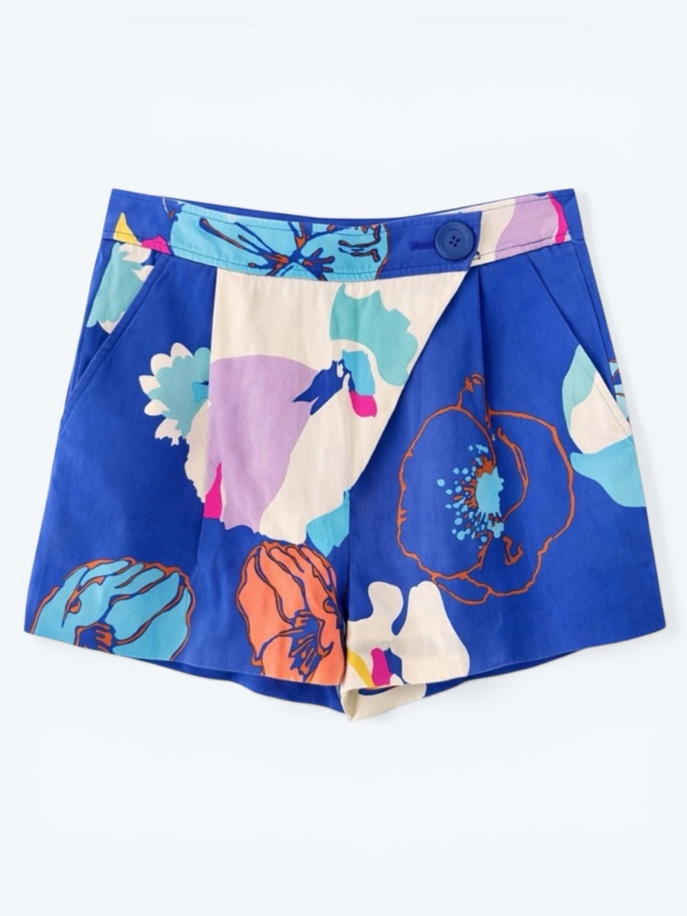Tibi Silk Crossover Shorts Blue Floral Print High Waist Size 2